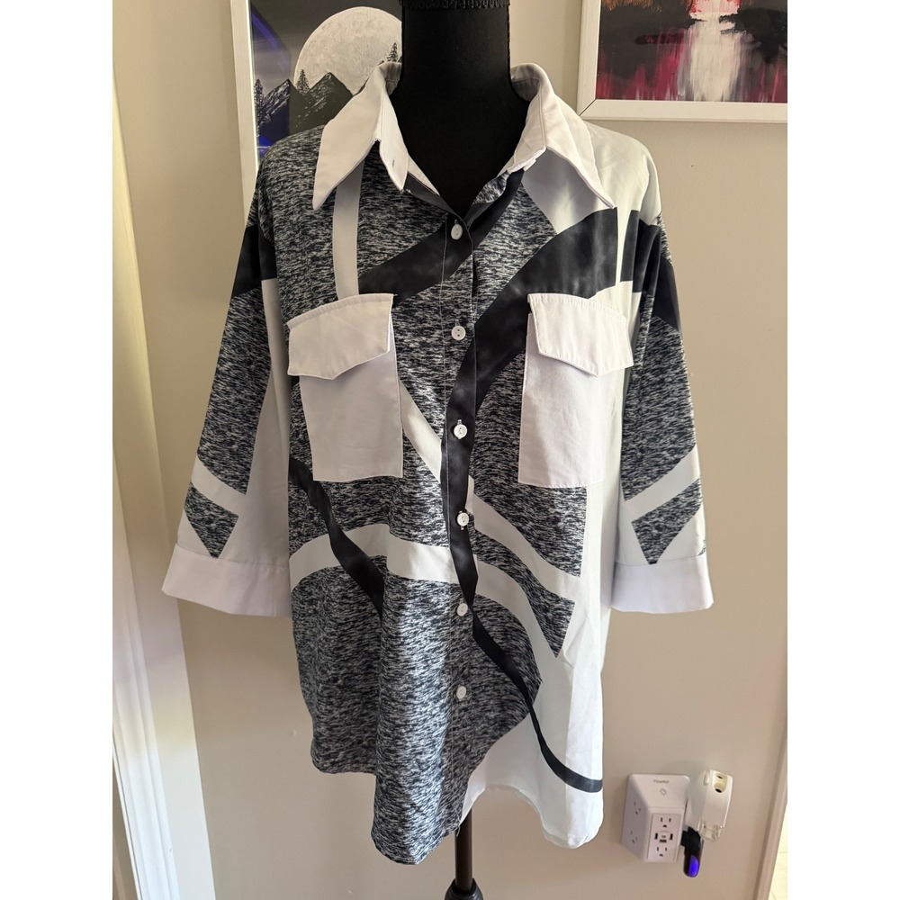 Abstract Geometric Graphic Print Button Up Shirt Black White Grey 3XL Oversized